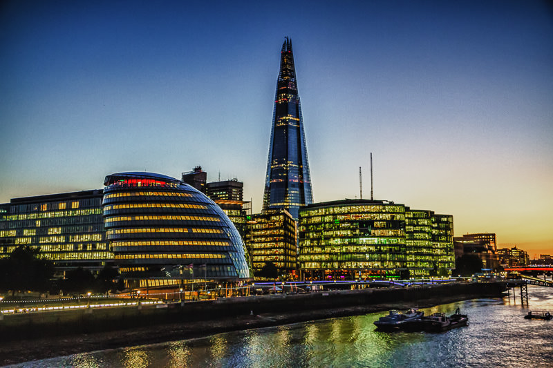 view from London Tower Bridge including the Shard in HDR