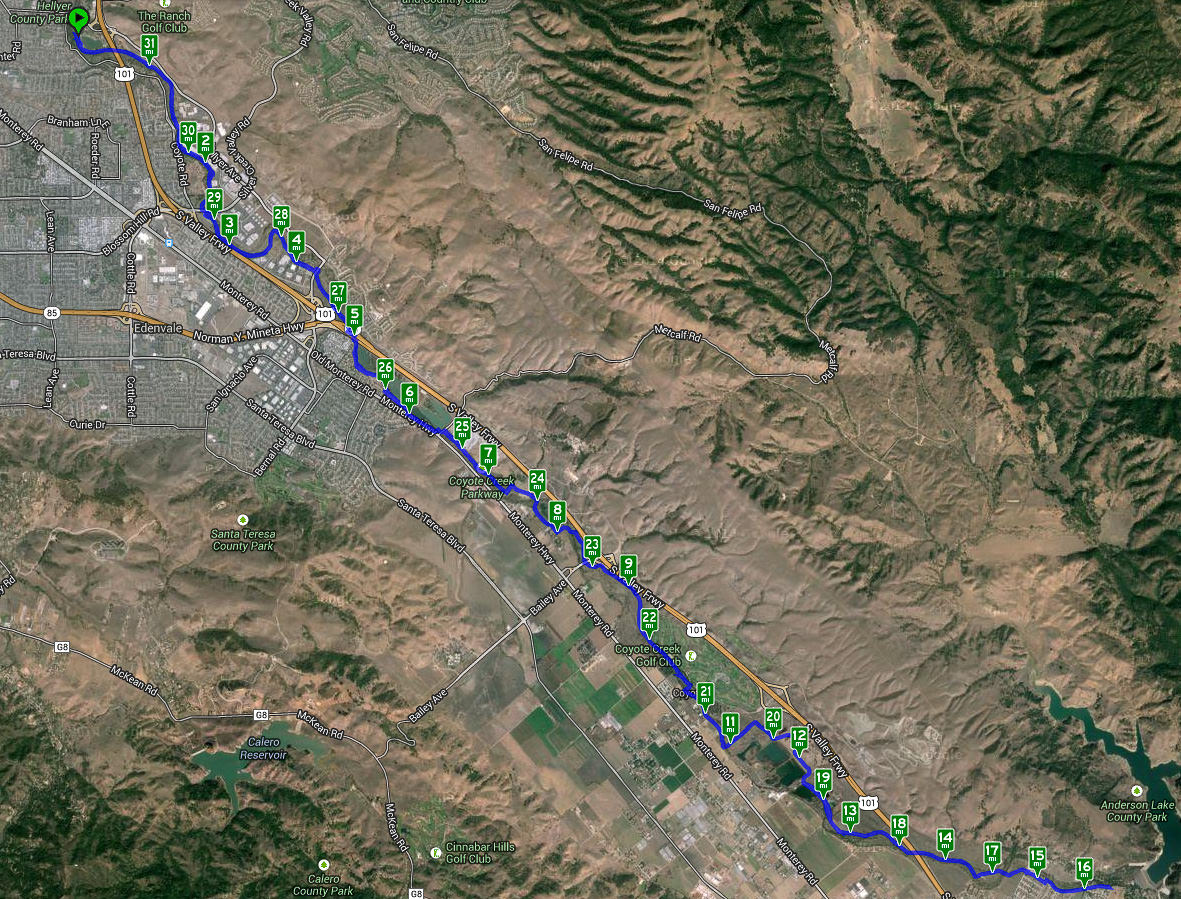 Map of ride from Hellyer Canyon down to Anderson Dam