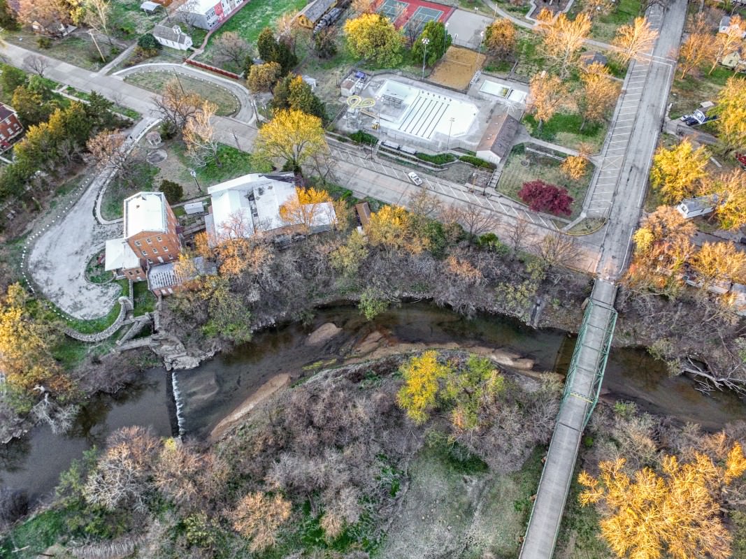 Drone's eye view of the Old Mill, including the swimming pool