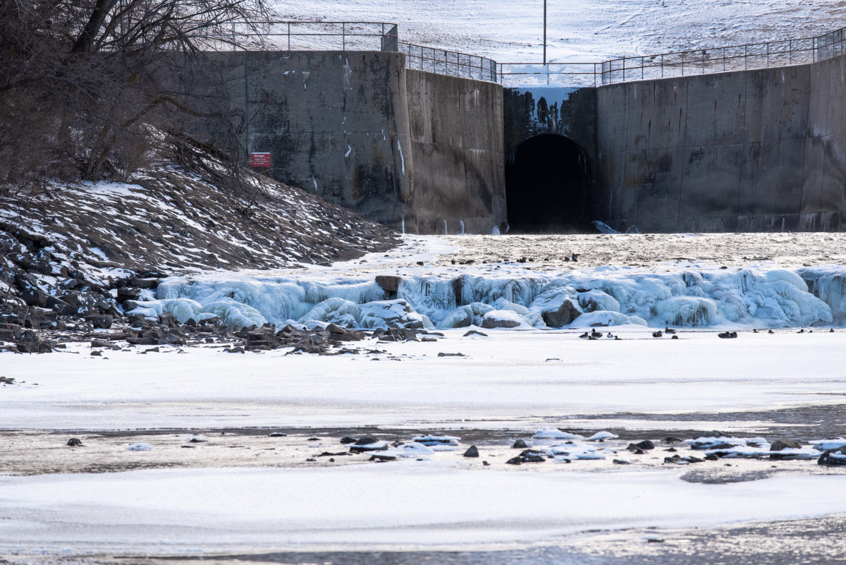 frozen spillway at Kanopolis Lake