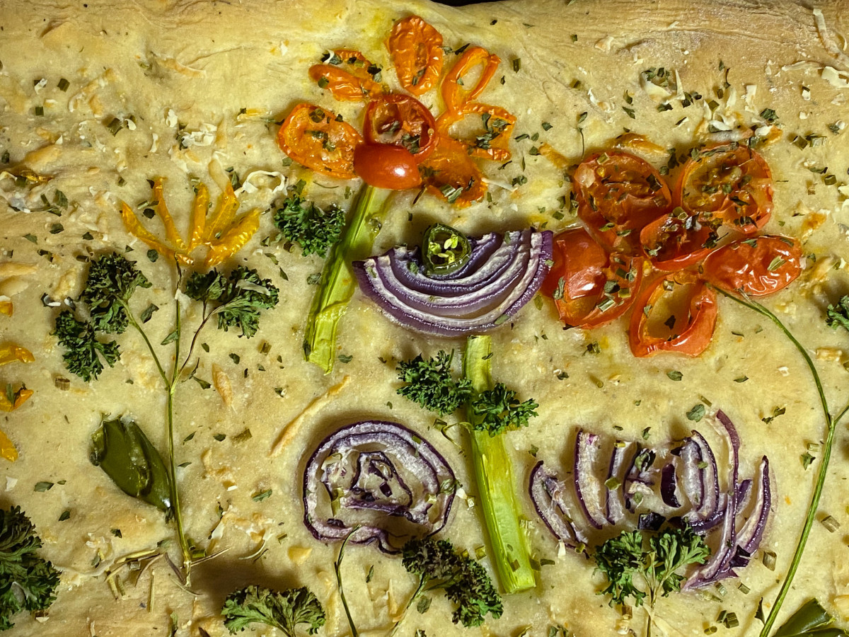 garden focaccia: closeup