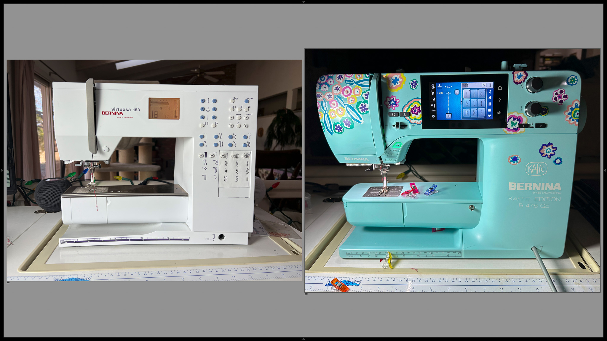 20 year old Bernina 153 QE sewing machine, in standard white, on the left. 2022 Kaffe Fassett Bernina 475QE sewing machine in beautiful teal with painted flowers from KF's fabric.