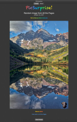 PicSurprise! screenshot after I learned font styling, name, showing image of Maroon Bells, CO