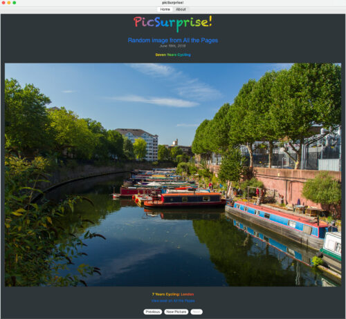Mac screenshot of PicSurprise! now featuring previous/next buttons, showing a canal in London