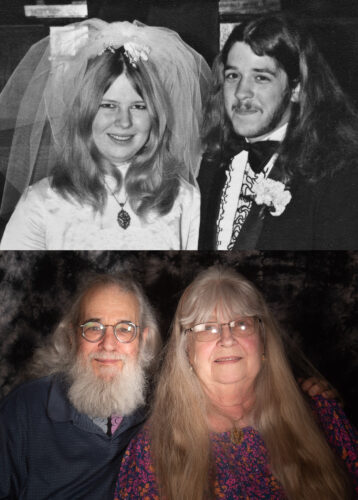 Sheryl and Mike on their wedding day (top) Mike and Sheryl today