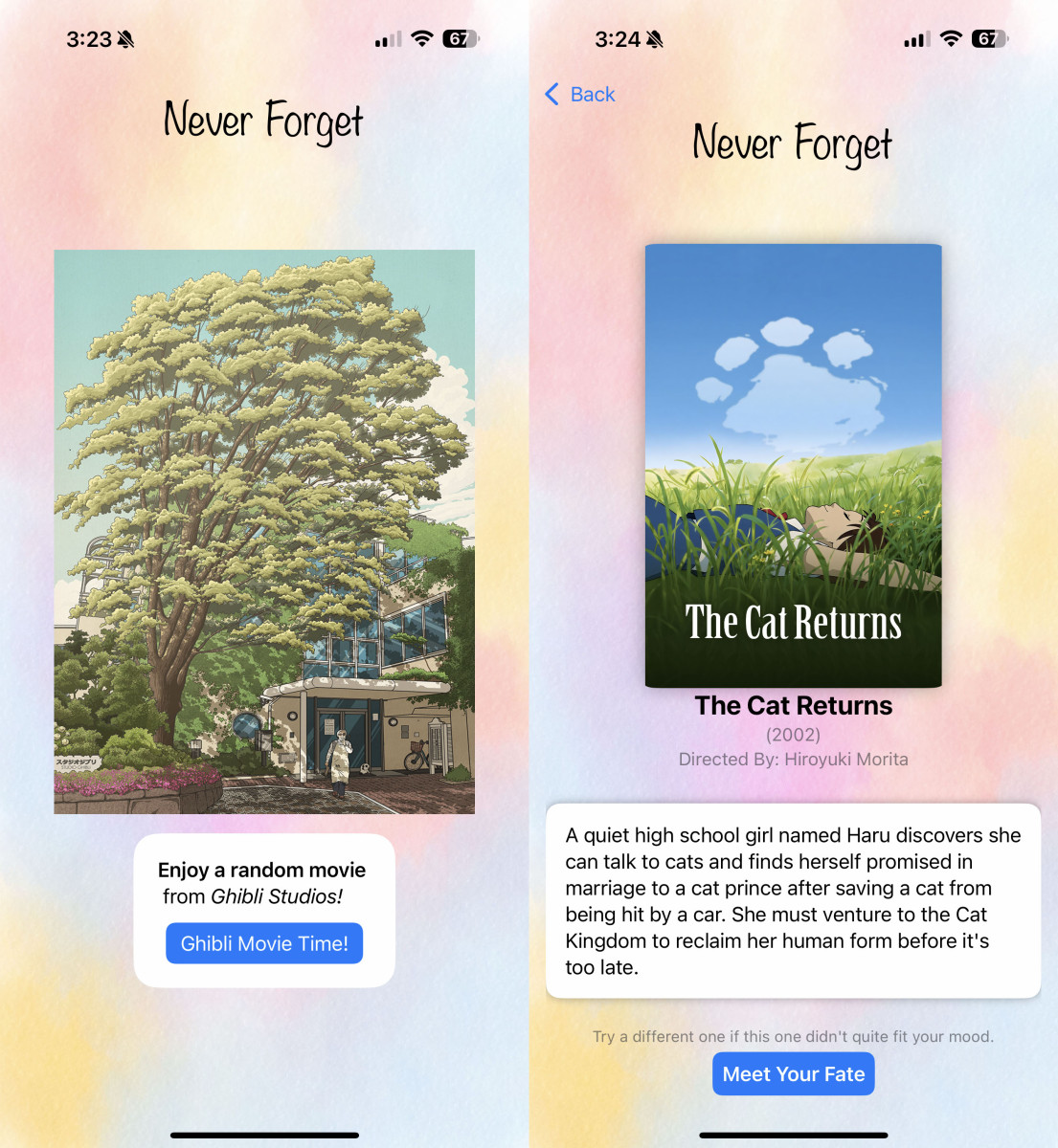 Two screenshots from app. Intro page and results.