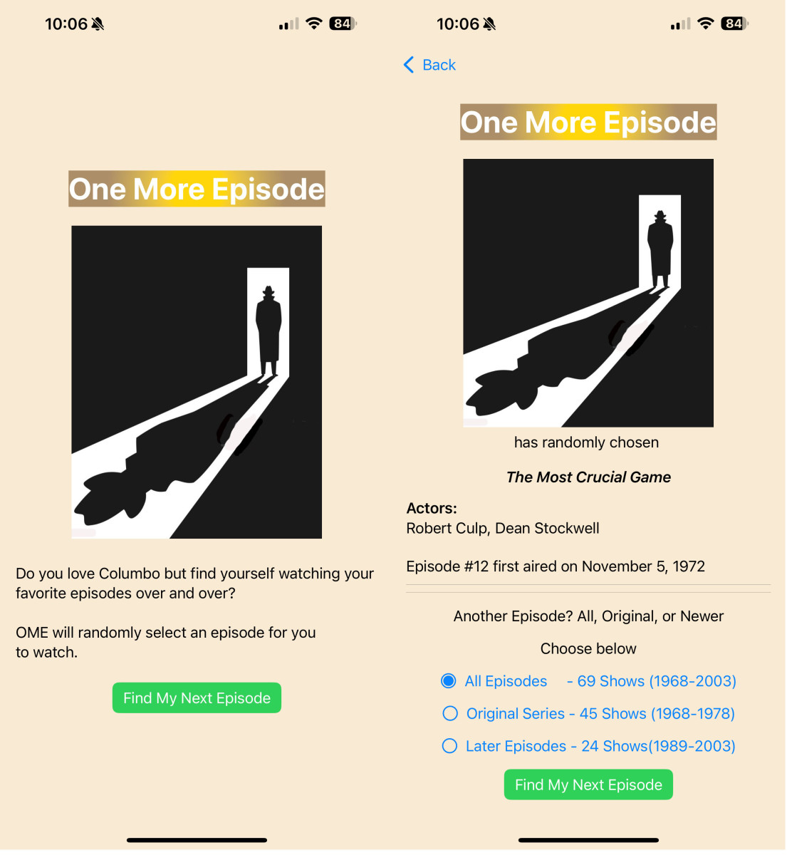 Two screenshots from app. Intro page and results.