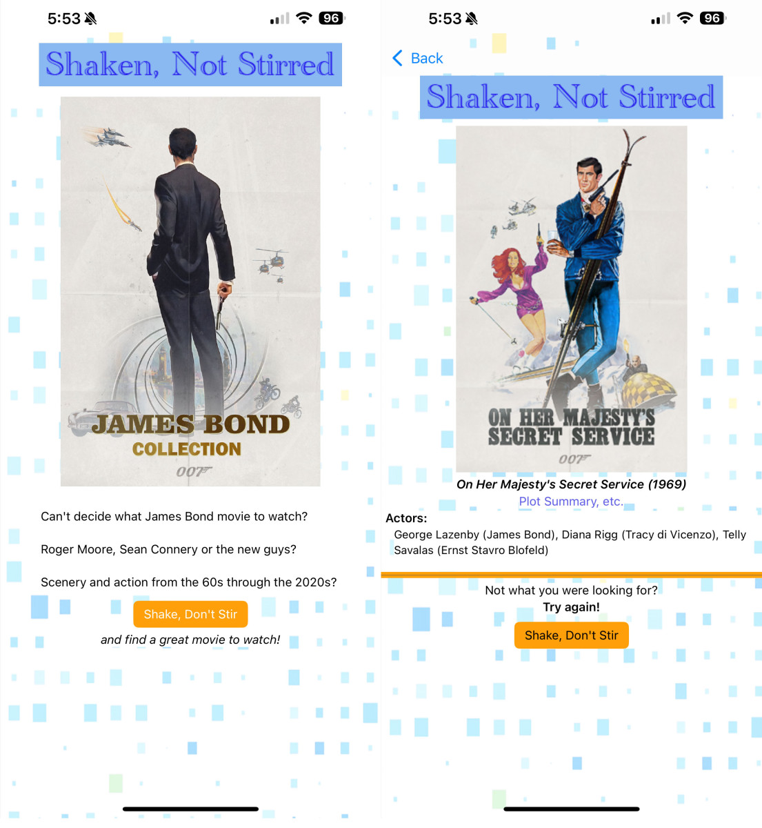 Two screenshots from app. Intro page and results.