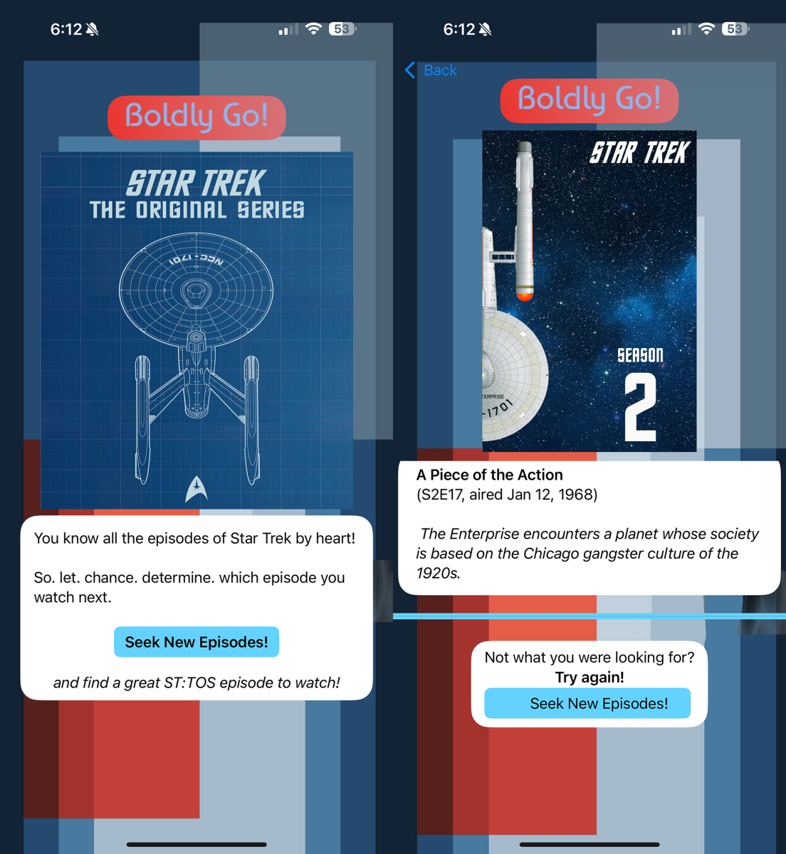 Two screenshots from app. Intro page and results.