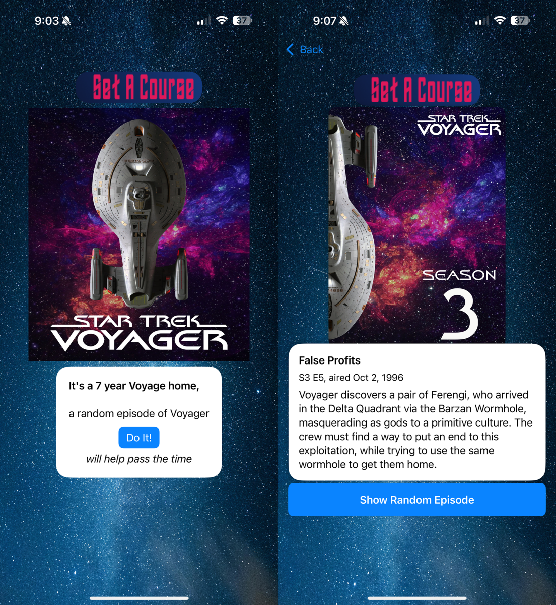 Two screenshots from app. Intro page and results.