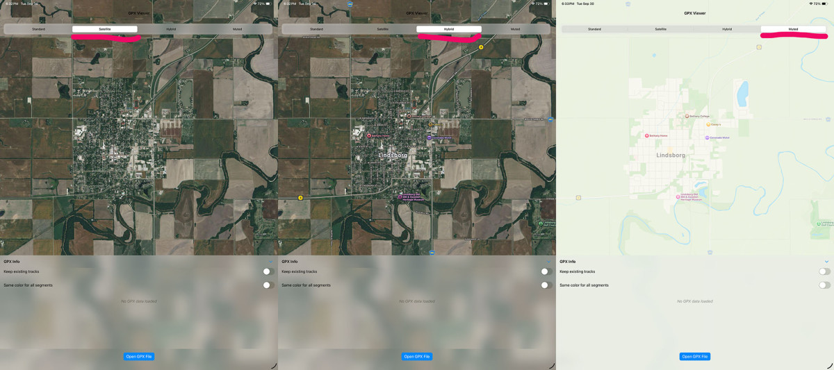 3 screenshots in one image, showing the other display options: Satellite, Hybrid and Muted