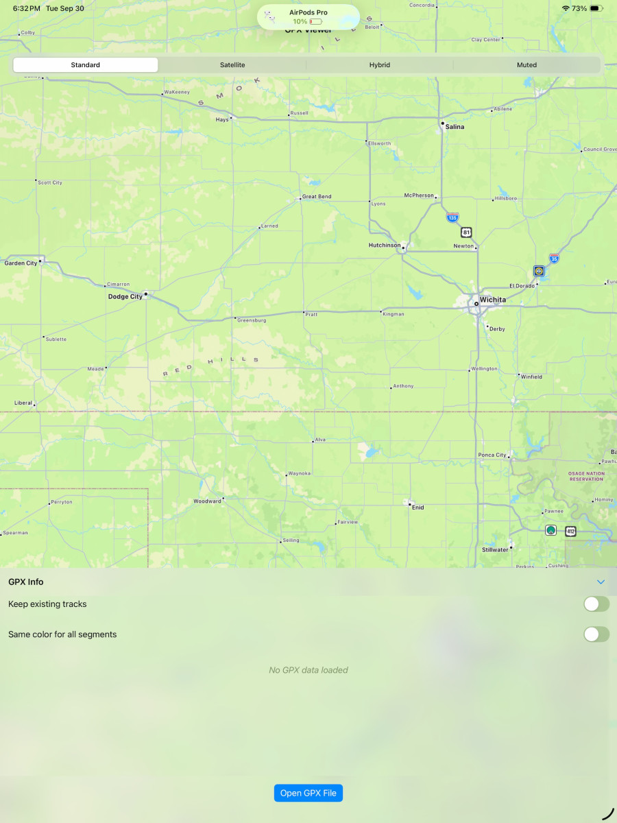 App initial screen, showing Kansas and Oklahoma.
