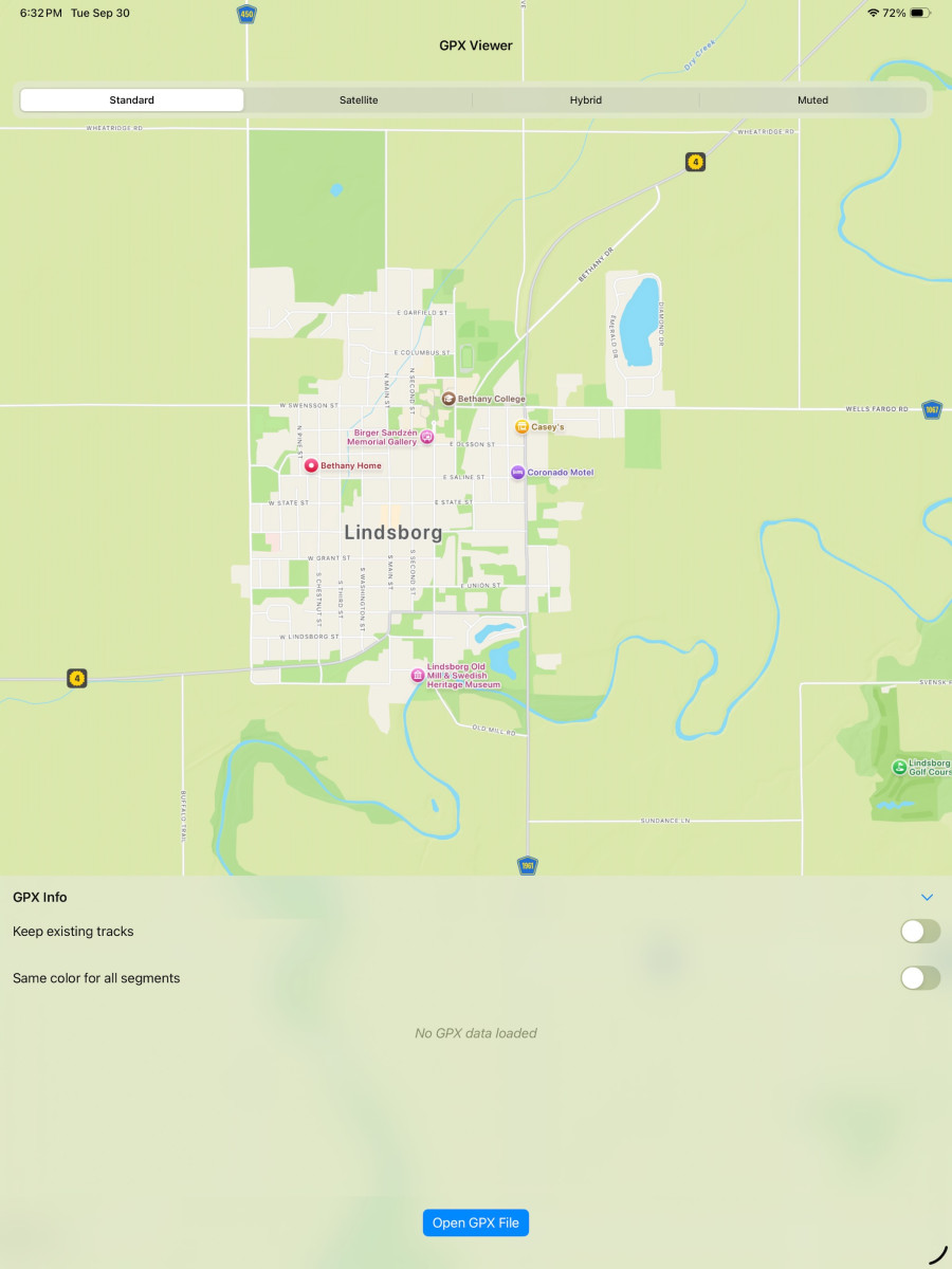 Zoomed into Lindsborg area, showing the Standard map view.